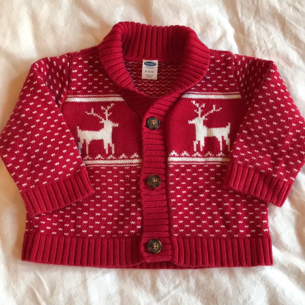 Knit cardigan sweater with reindeer